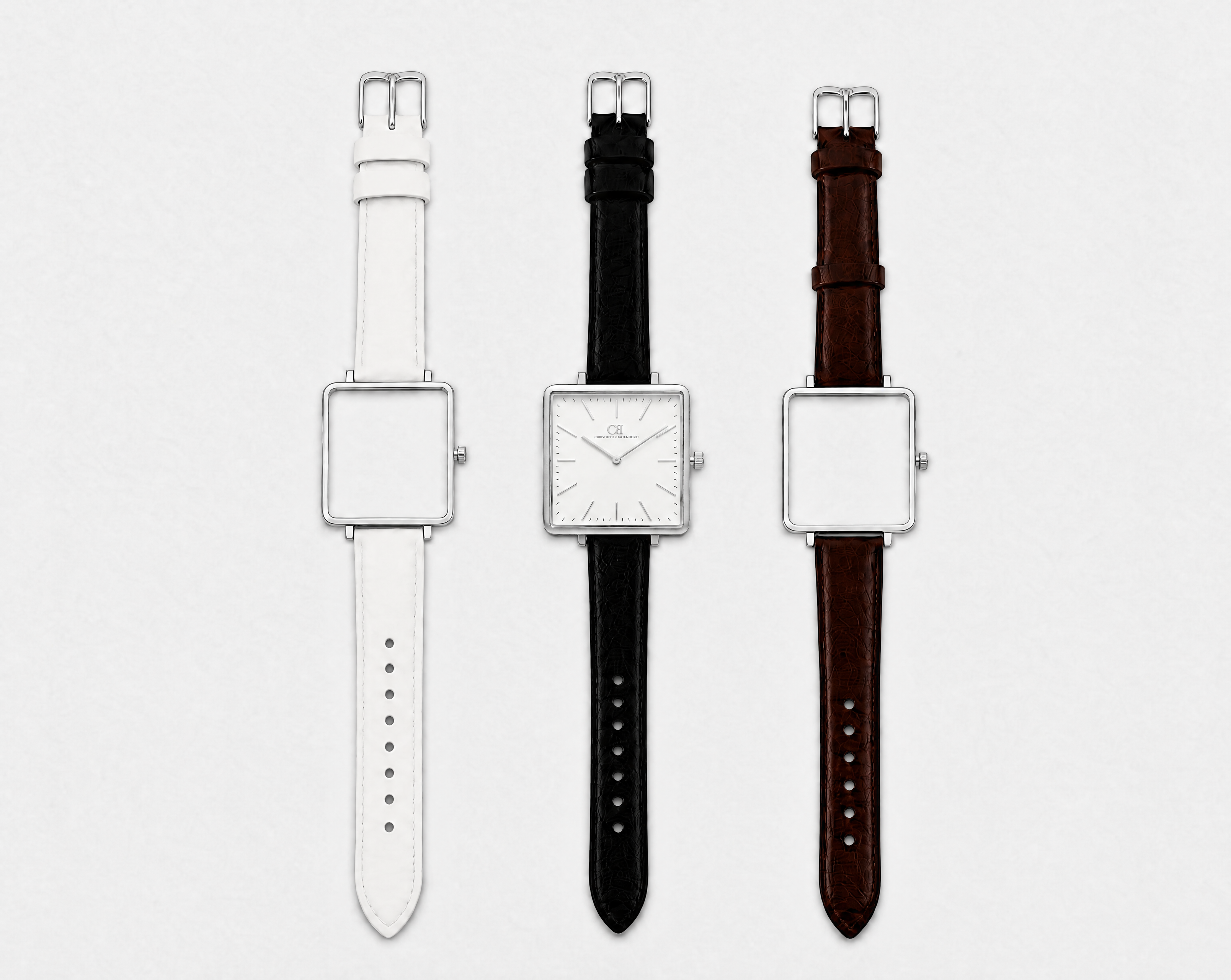 Elegans Swiss Made modular watch — square silver case with interchangeable white, black and brown leather straps
