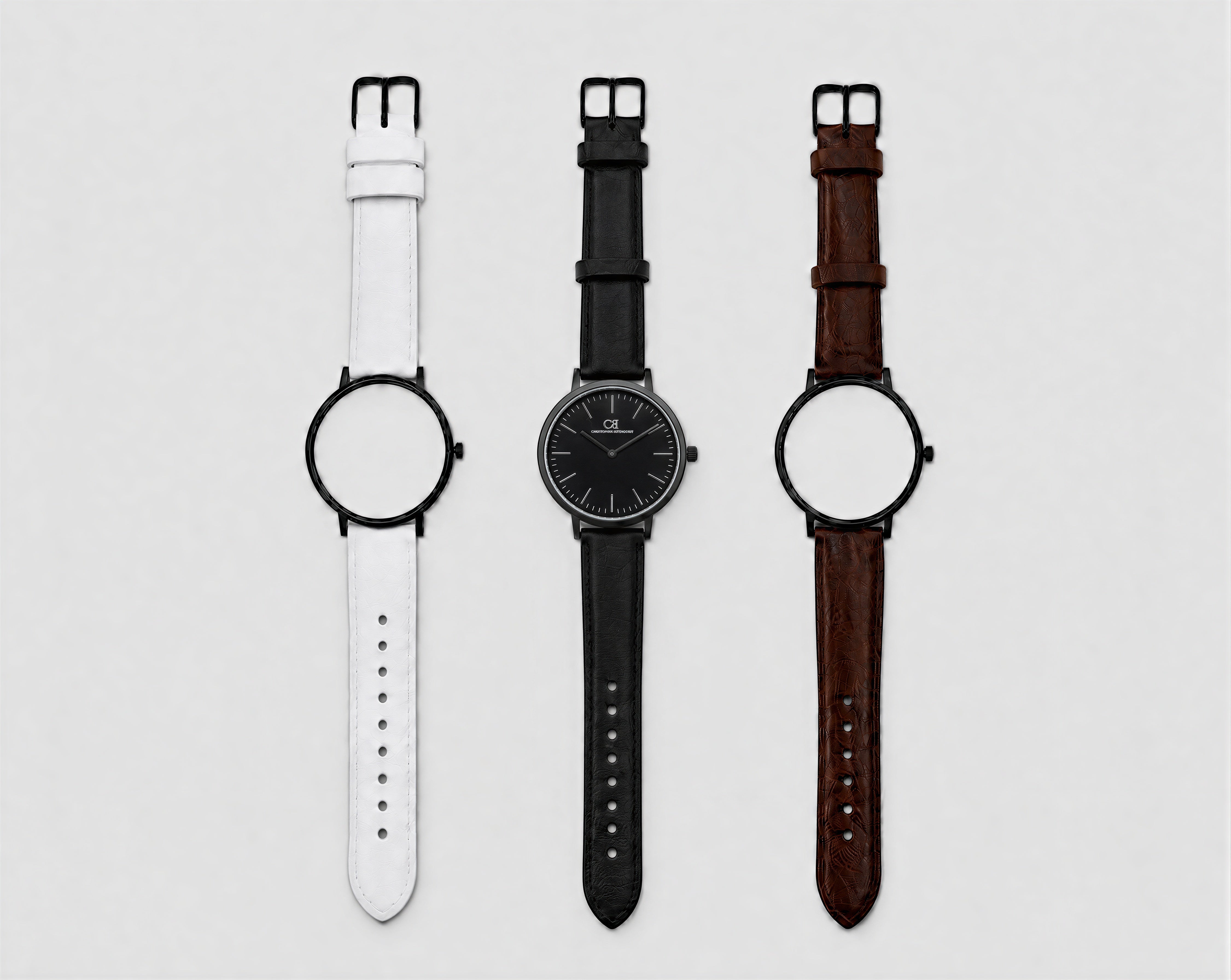 Elegans Swiss Made modular watch — round black case with interchangeable white, black and brown leather straps