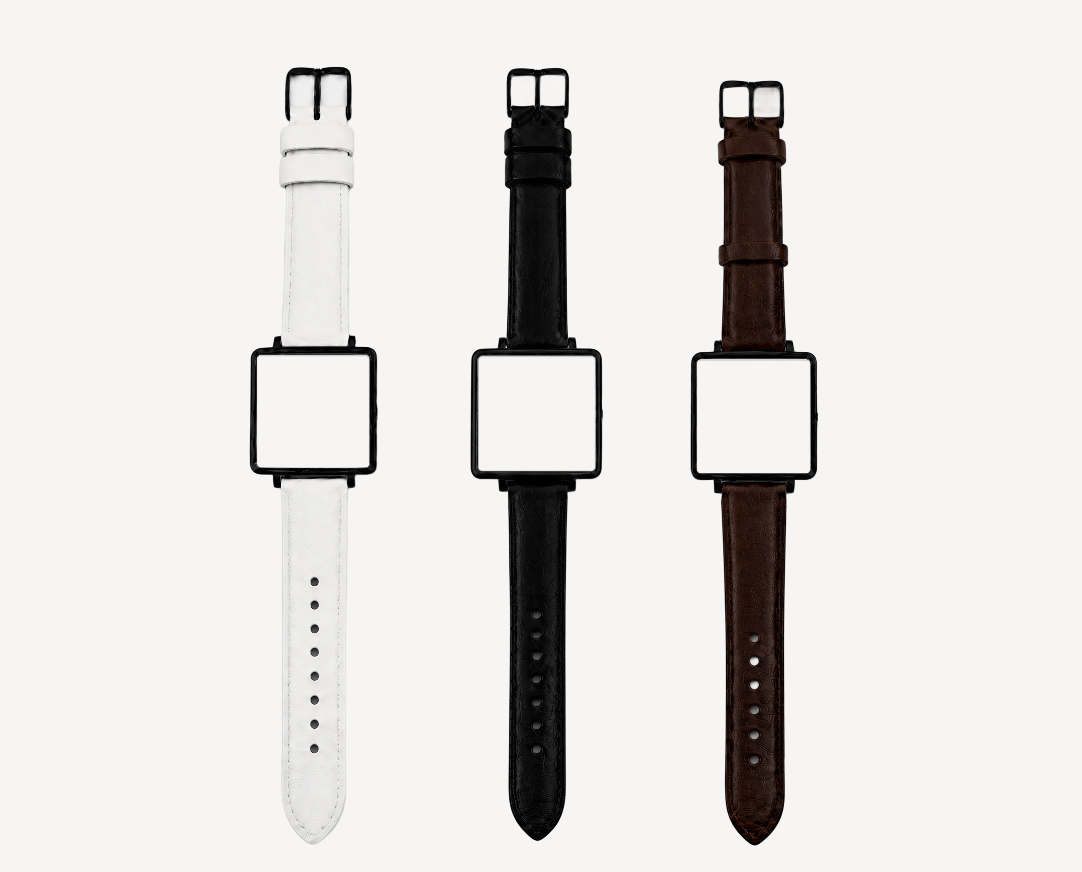 Leather watch straps 20mm for square case — white, black and brown options with black hardware for Christopher Butendorff modular watches