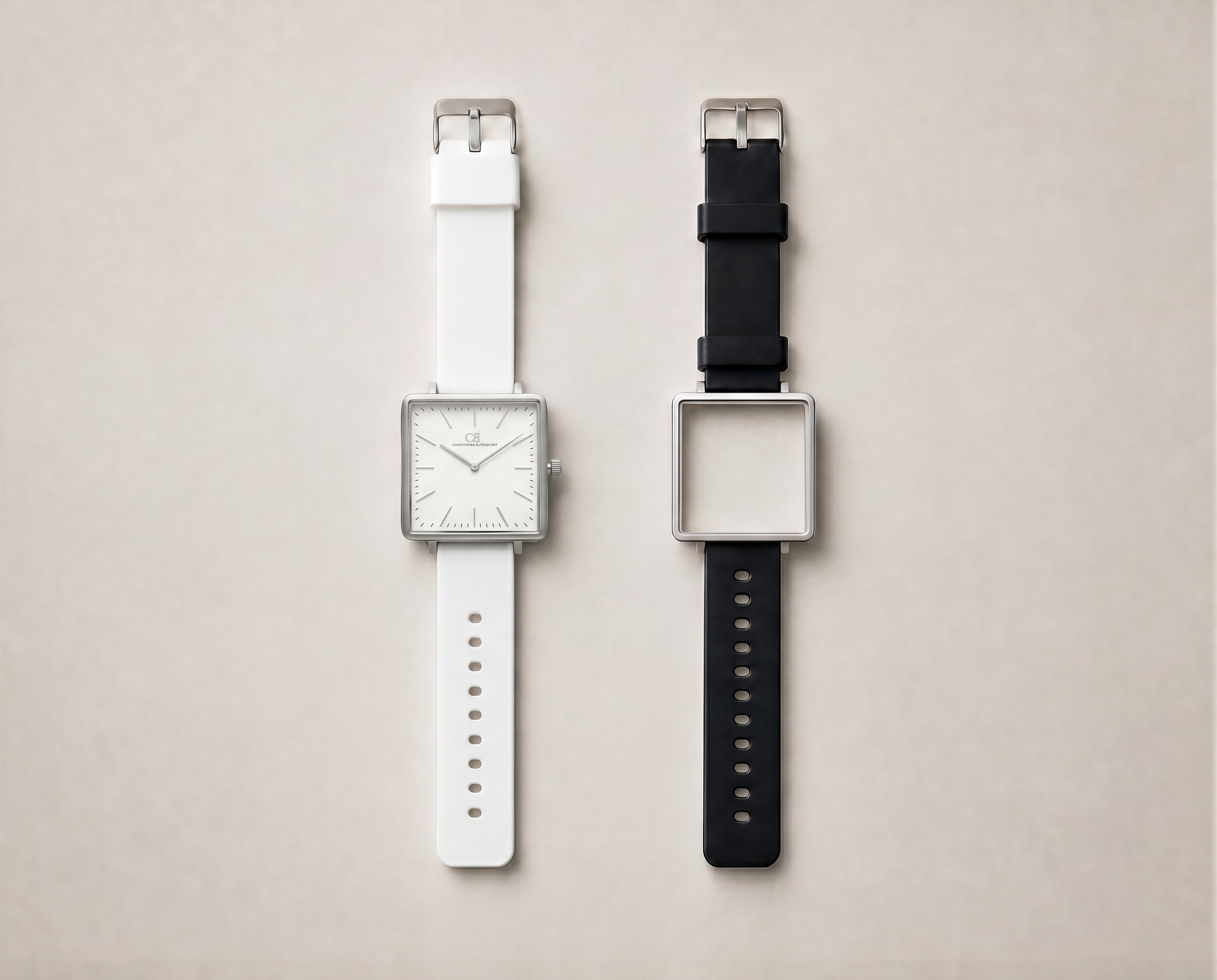 Ludus Swiss Made modular watch — square silver case with white and black interchangeable sport PVC straps