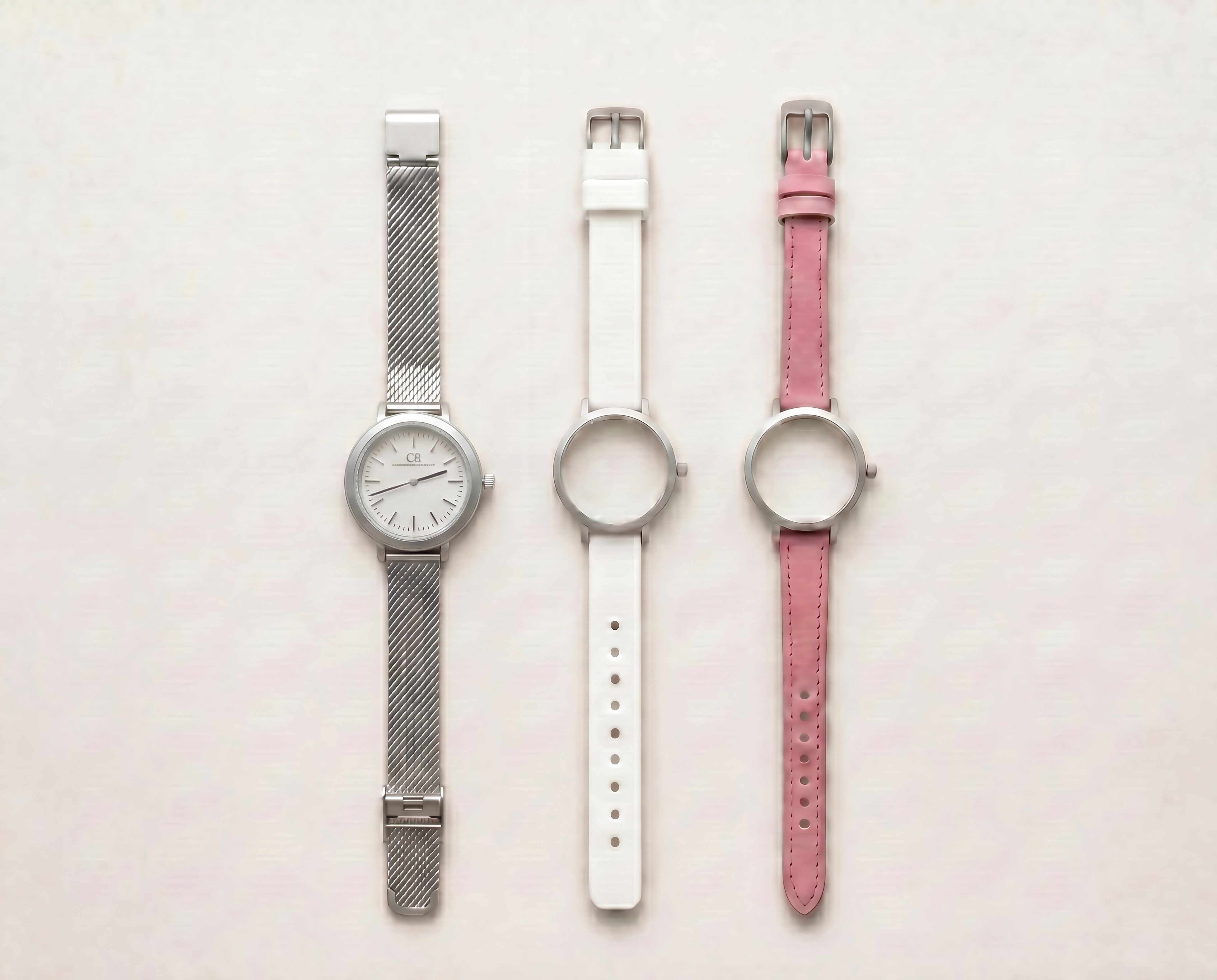 Mixta Swiss Made modular women's watch — round silver case with white dial, shown with interchangeable silver mesh, white PVC and pink leather straps