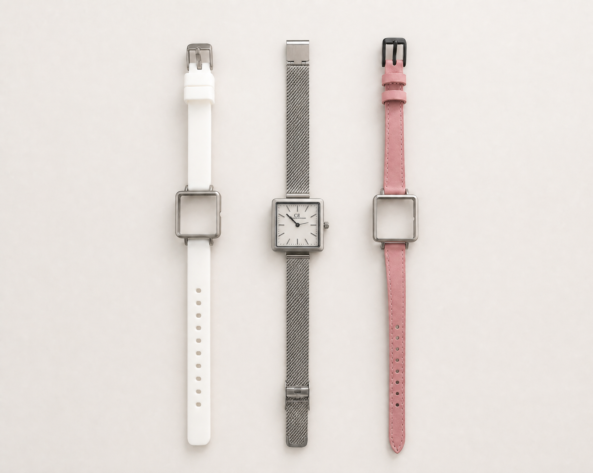 Mixta Swiss Made modular women's watch — square silver case with white dial, shown with interchangeable white PVC, silver mesh and pink leather straps