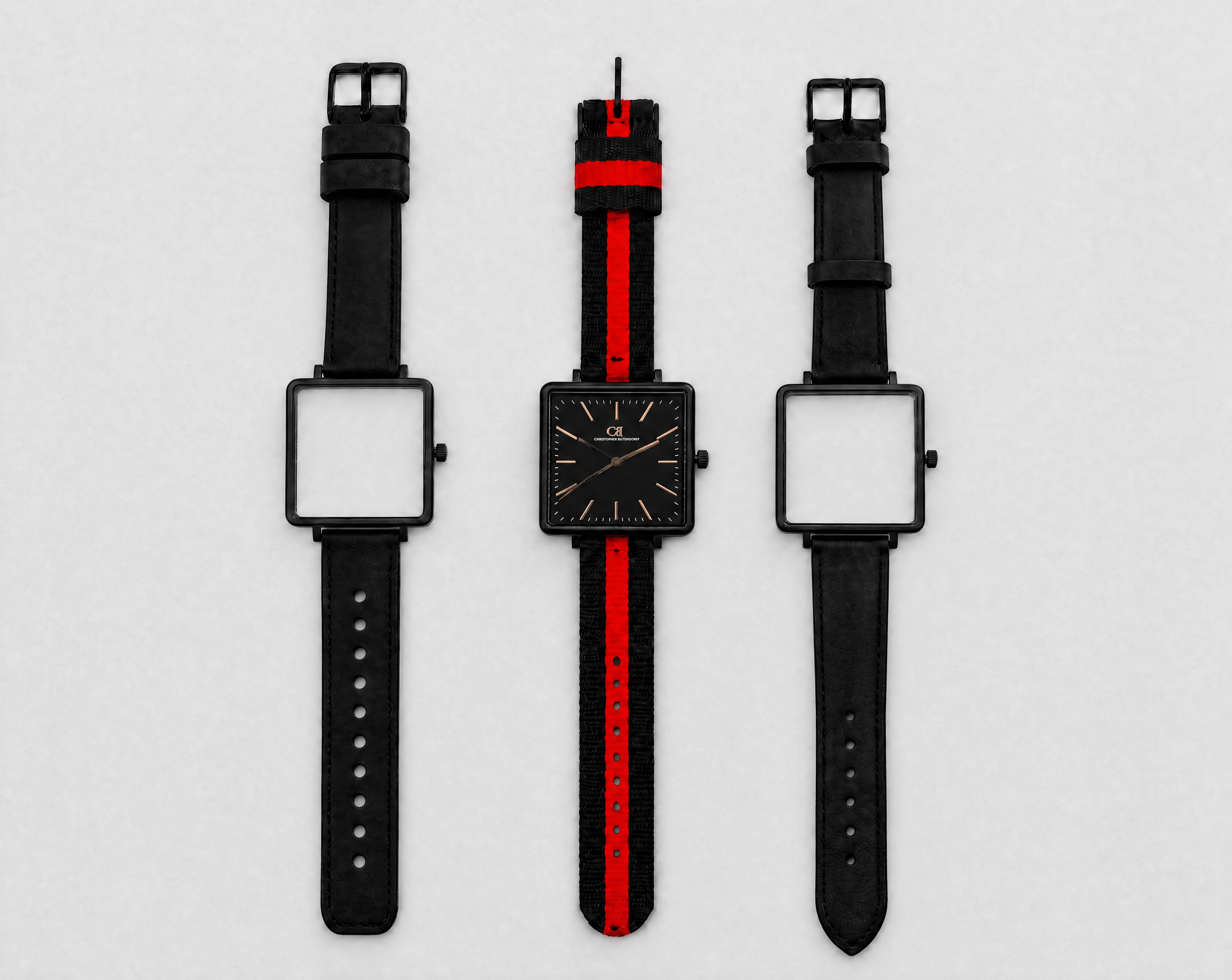 Mixtus Swiss Made modular watch — square black case with black dial, shown with black-red nato strap and black leather strap