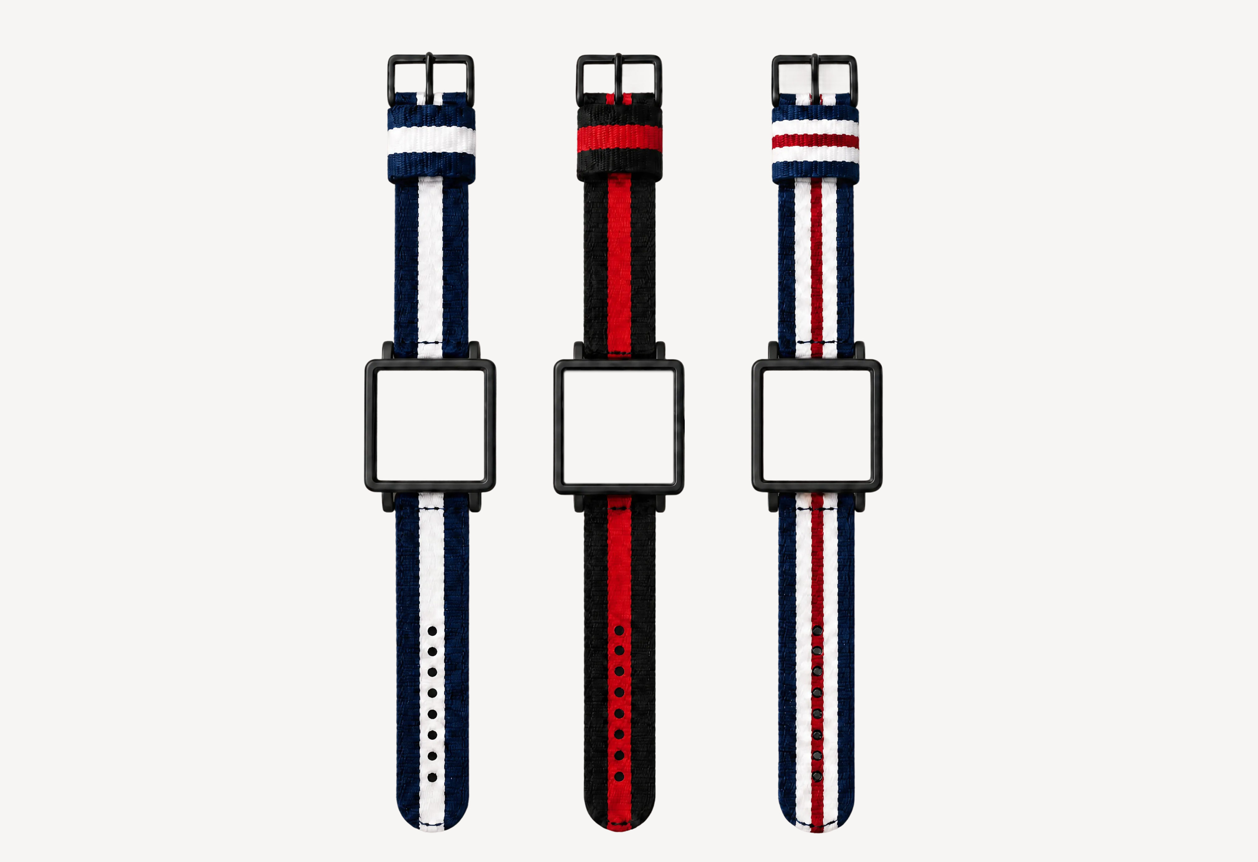 Nato watch straps 20mm for square case — navy-white, black-red and navy-red-white striped options with black hardware for Christopher Butendorff modular watches
