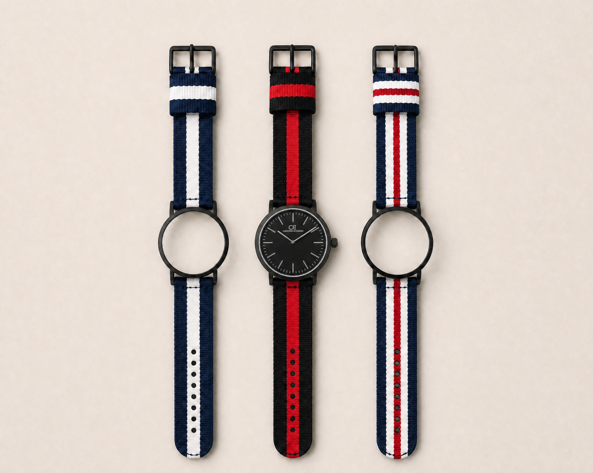 Tela Swiss Made modular watch — round black case with black dial, shown with three interchangeable nato straps in navy-white, black-red and navy-red-white
