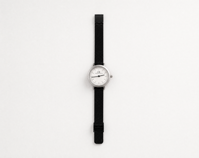 Aureum Swiss Made modular watch — round silver case with white dial and black mesh strap, close-up product view