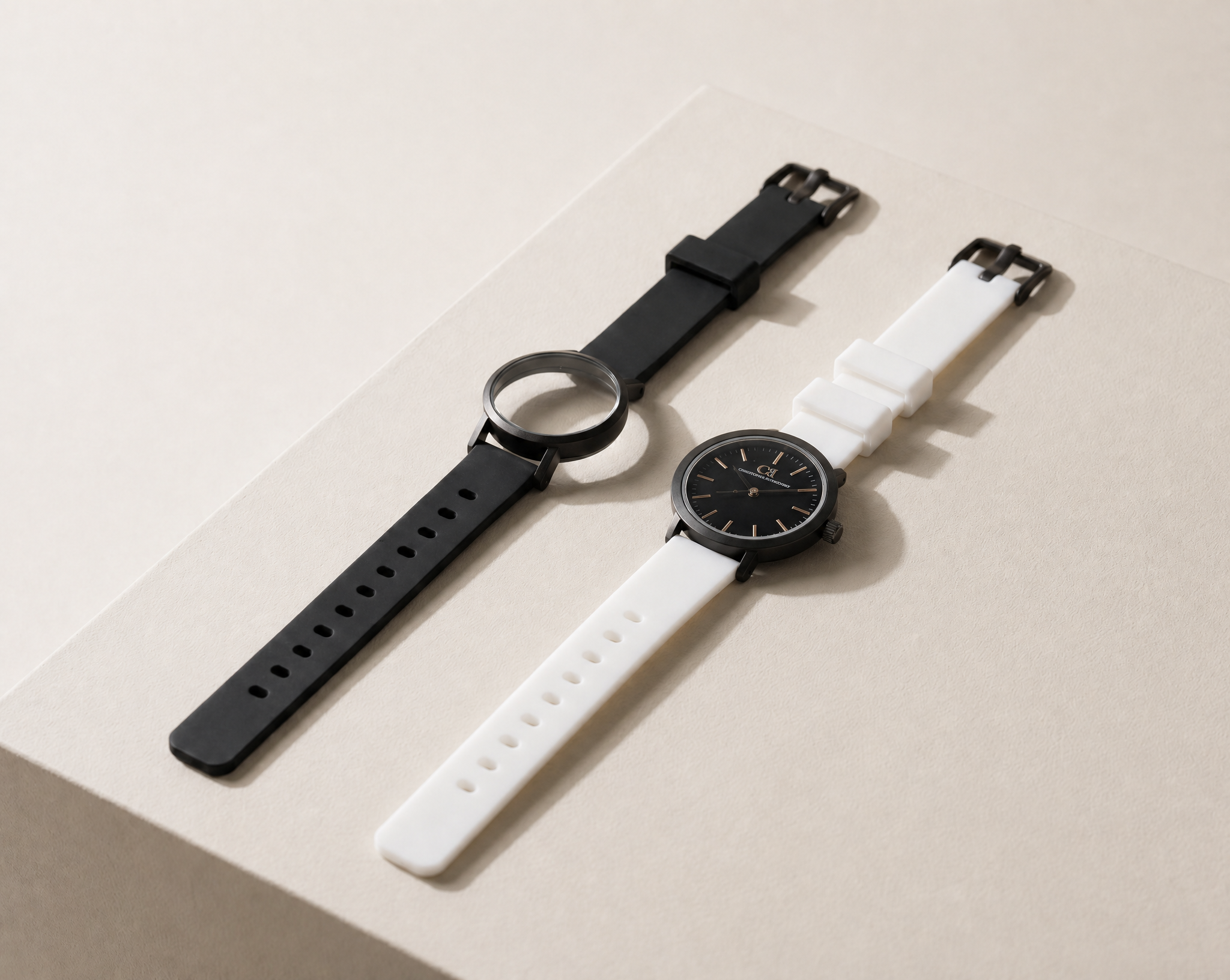 Certamen Swiss Made modular women's sport watch — round black case with black dial, shown with interchangeable black and white PVC straps