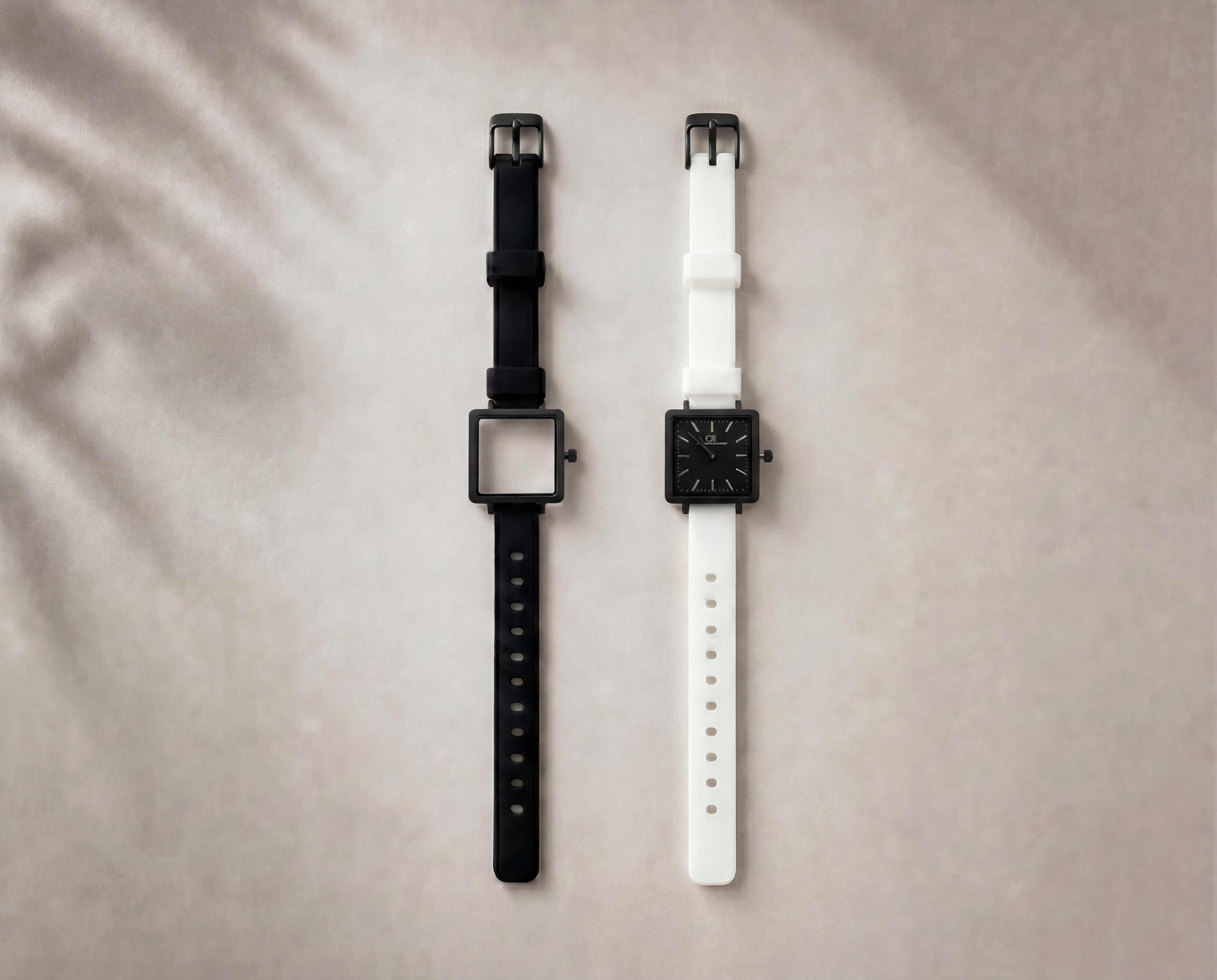 Certamen Swiss Made modular women's sport watch — square black case with black dial, shown with interchangeable black and white PVC straps