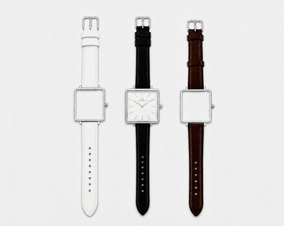 Elegans Swiss Made modular watch — square silver case with interchangeable white, black and brown leather straps