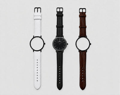 Elegans Swiss Made modular watch — round black case with interchangeable white, black and brown leather straps