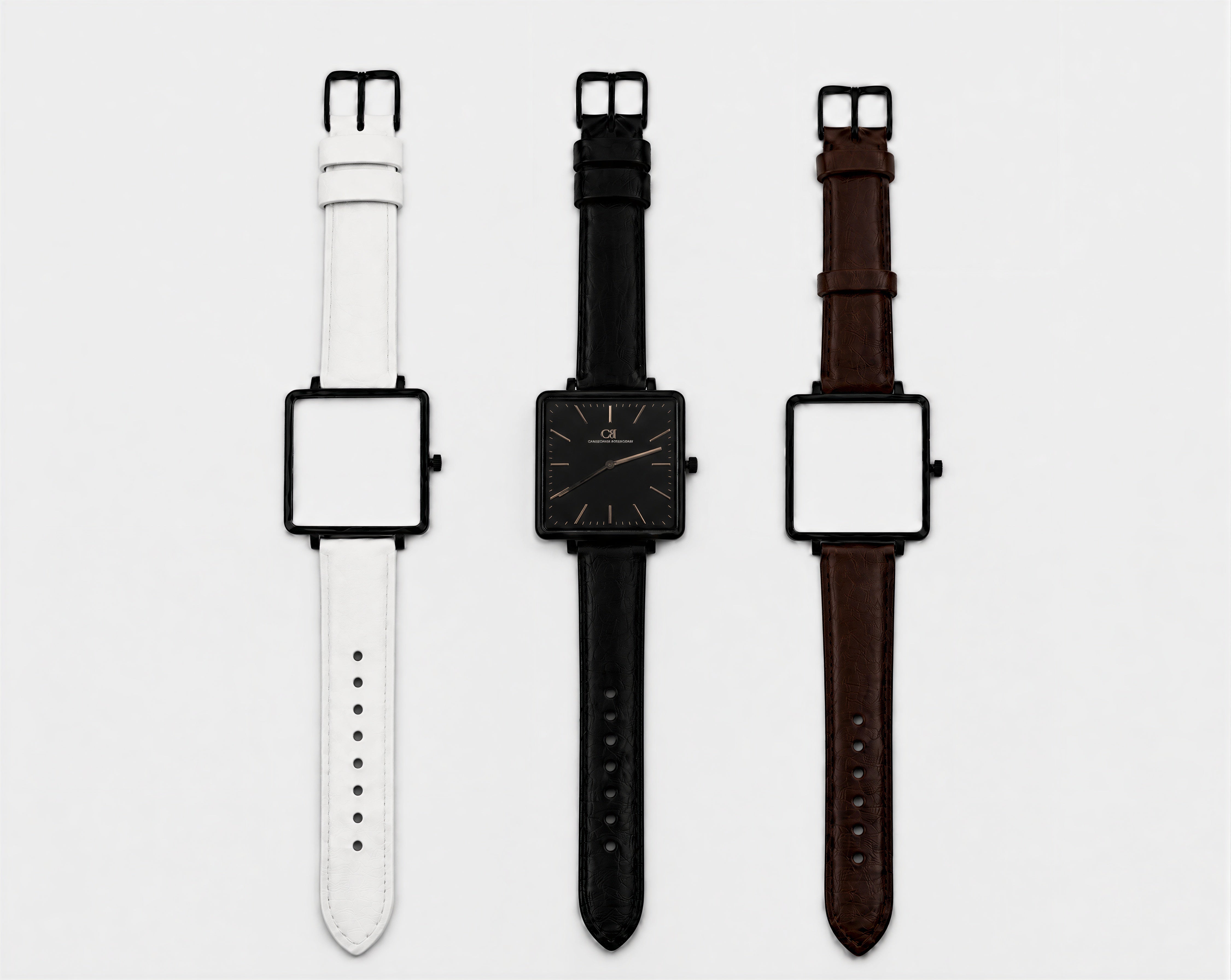 Elegans Swiss Made modular watch — square black case with interchangeable white, black and brown leather straps