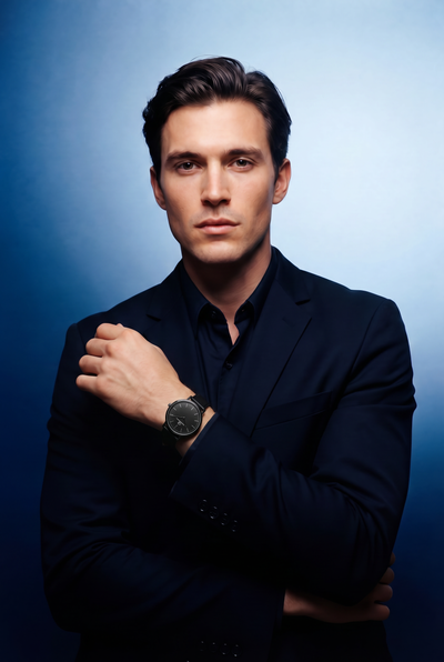 Man wearing Elegans Swiss Made modular watch with black round case and black leather strap — Christopher Butendorff