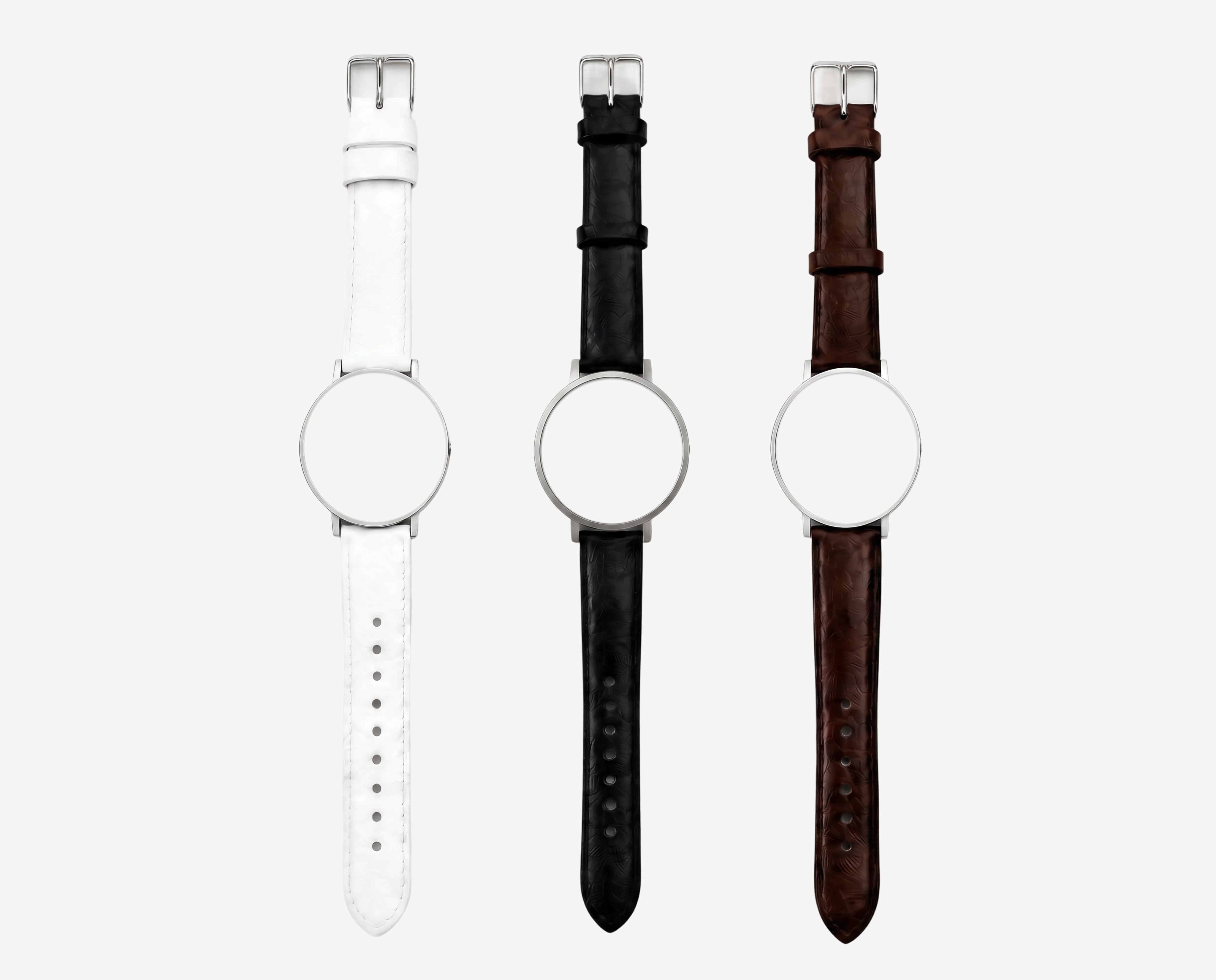 Leather watch straps 20mm for round case — white, black and brown options with silver hardware for Christopher Butendorff modular watches