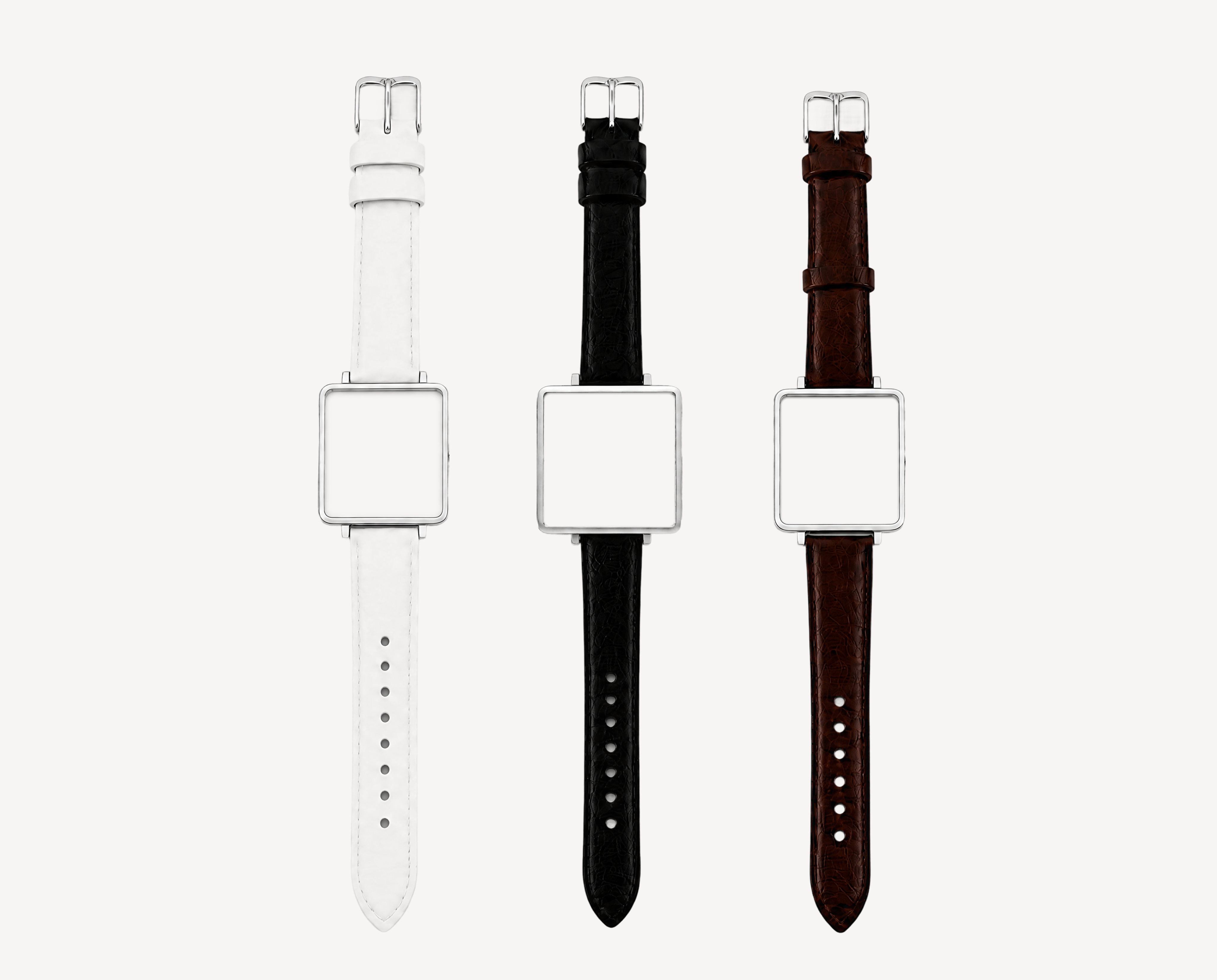 Leather watch straps 20mm for square case — white, black and brown options with silver hardware for Christopher Butendorff modular watches