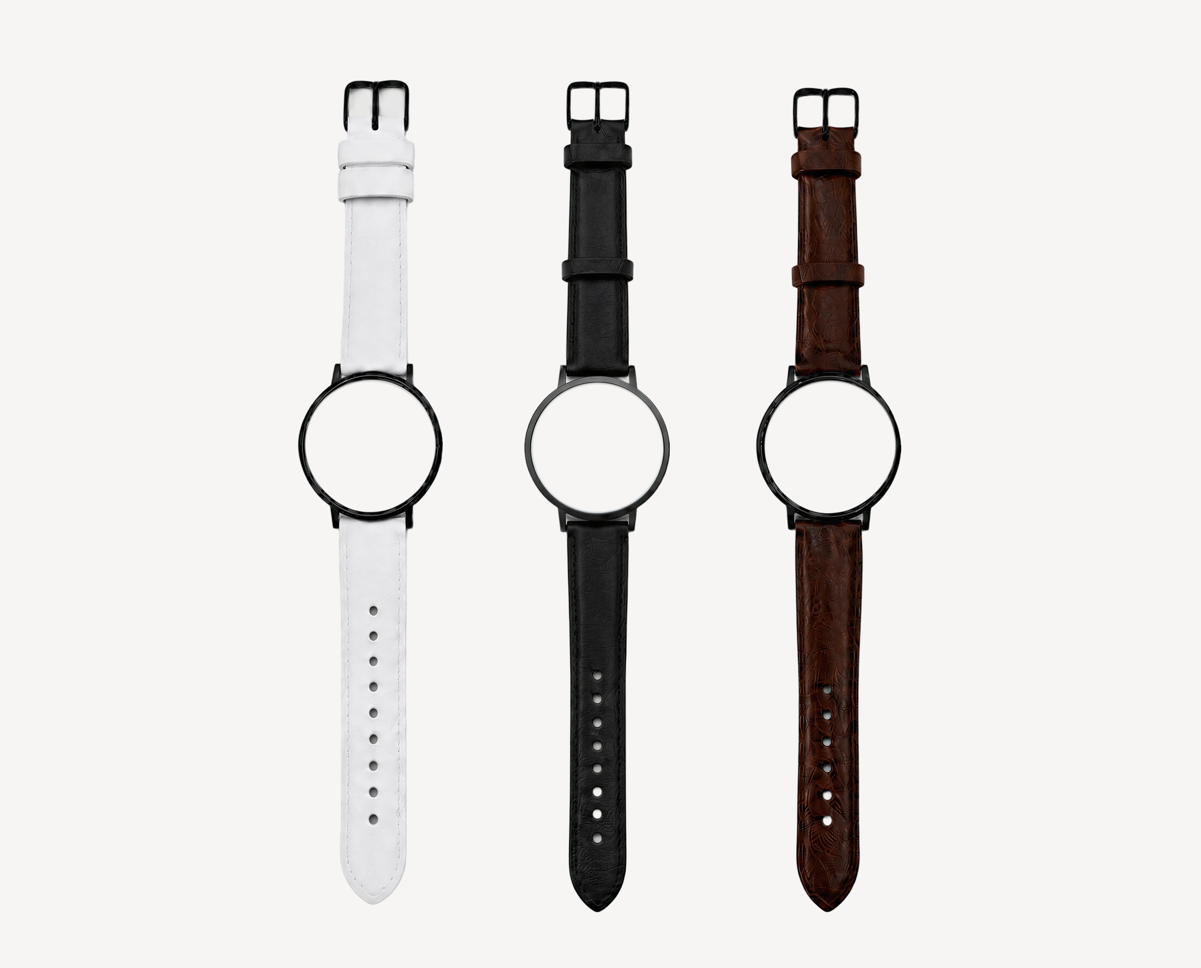 Leather watch straps 20mm for round case — white, black and brown options with black hardware for Christopher Butendorff modular watches