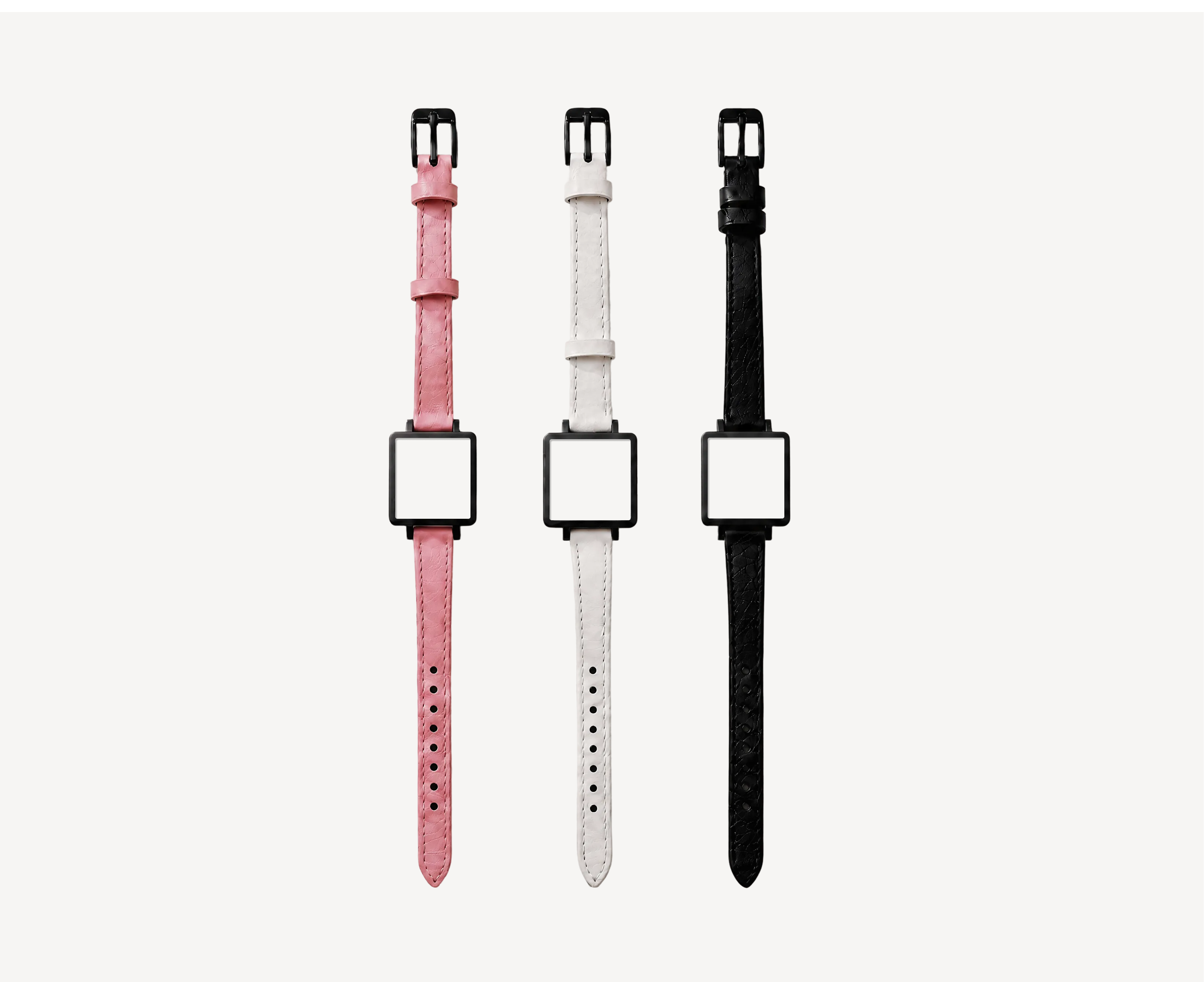Leather watch straps 12mm for square case — pink, white and black options with black hardware for Christopher Butendorff modular watches