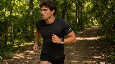 Man running outdoors wearing Ludus Swiss Made modular sport watch with square silver case and white PVC strap — Christopher Butendorff