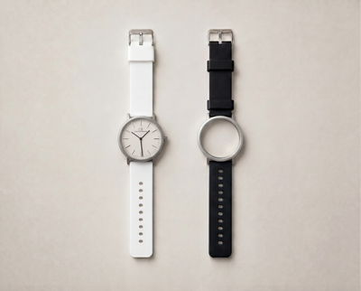 Ludus Swiss Made modular watch — round silver case with white and black interchangeable sport PVC straps