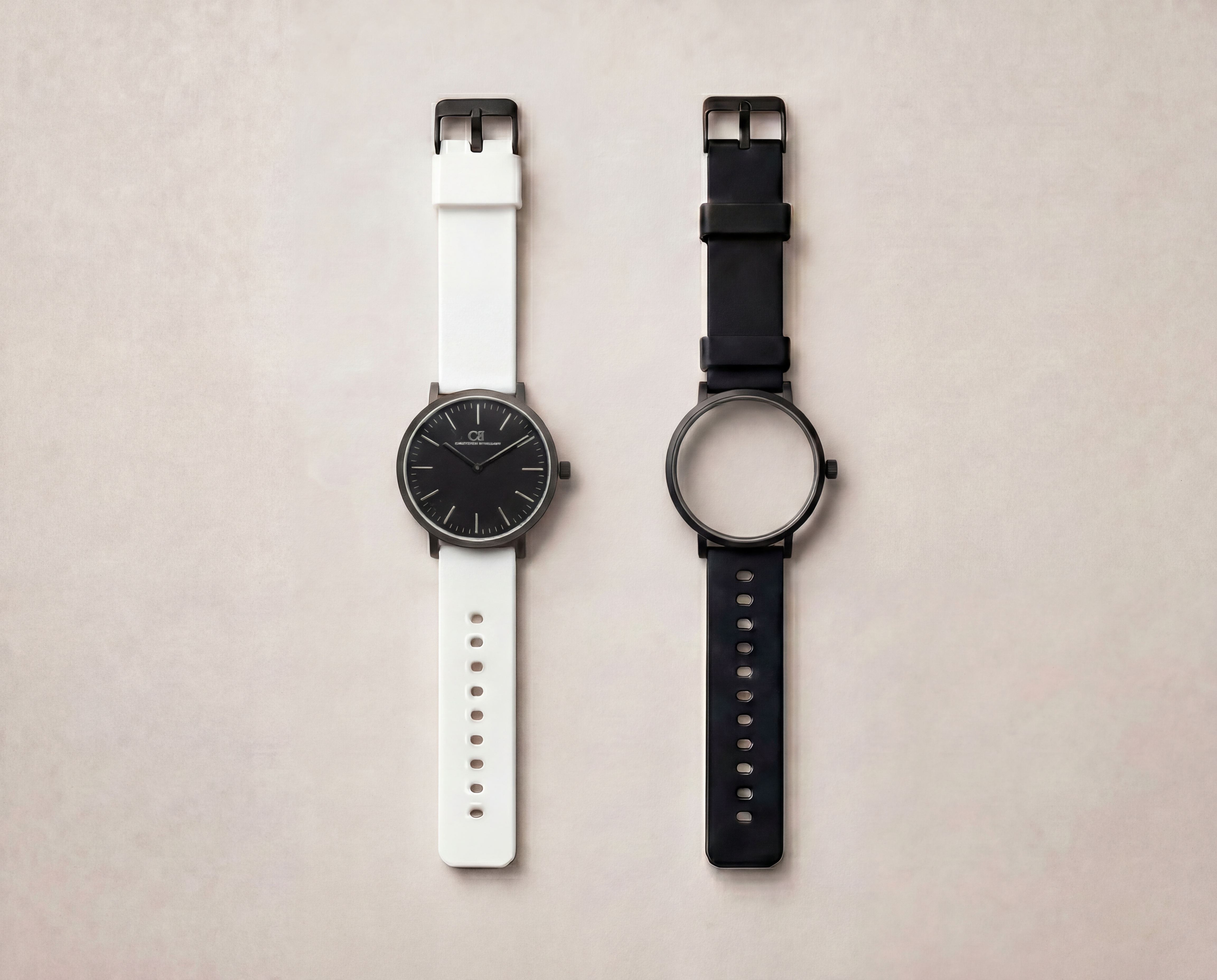 Ludus Swiss Made modular watch — round black case with white and black interchangeable sport PVC straps