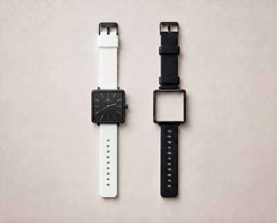 Ludus Swiss Made modular watch — square black case with white and black interchangeable sport PVC straps