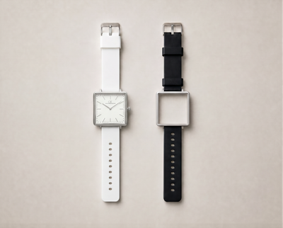 Ludus Swiss Made modular watch — square silver case with white and black interchangeable sport PVC straps