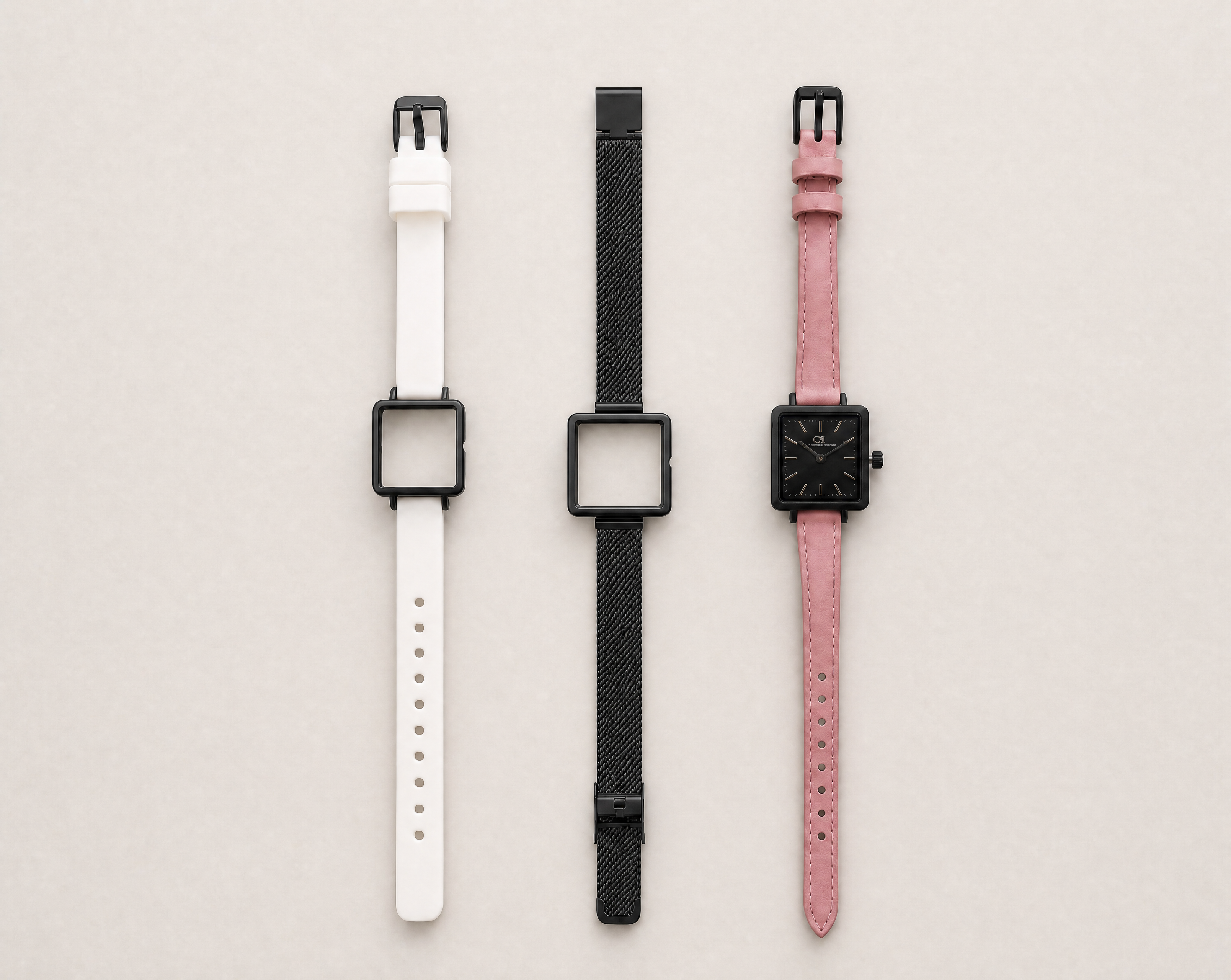 Mixta Swiss Made modular women's watch — square black case with black dial, shown with interchangeable white PVC, black mesh and pink leather straps