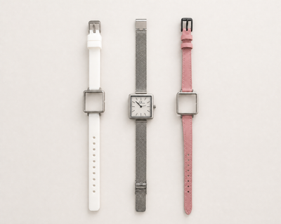 Mixta Swiss Made modular women's watch — square silver case with white dial, shown with interchangeable white PVC, silver mesh and pink leather straps