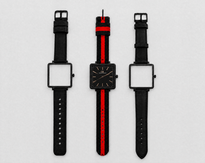 Mixtus Swiss Made modular watch — square black case with black dial, shown with black-red nato strap and black leather strap