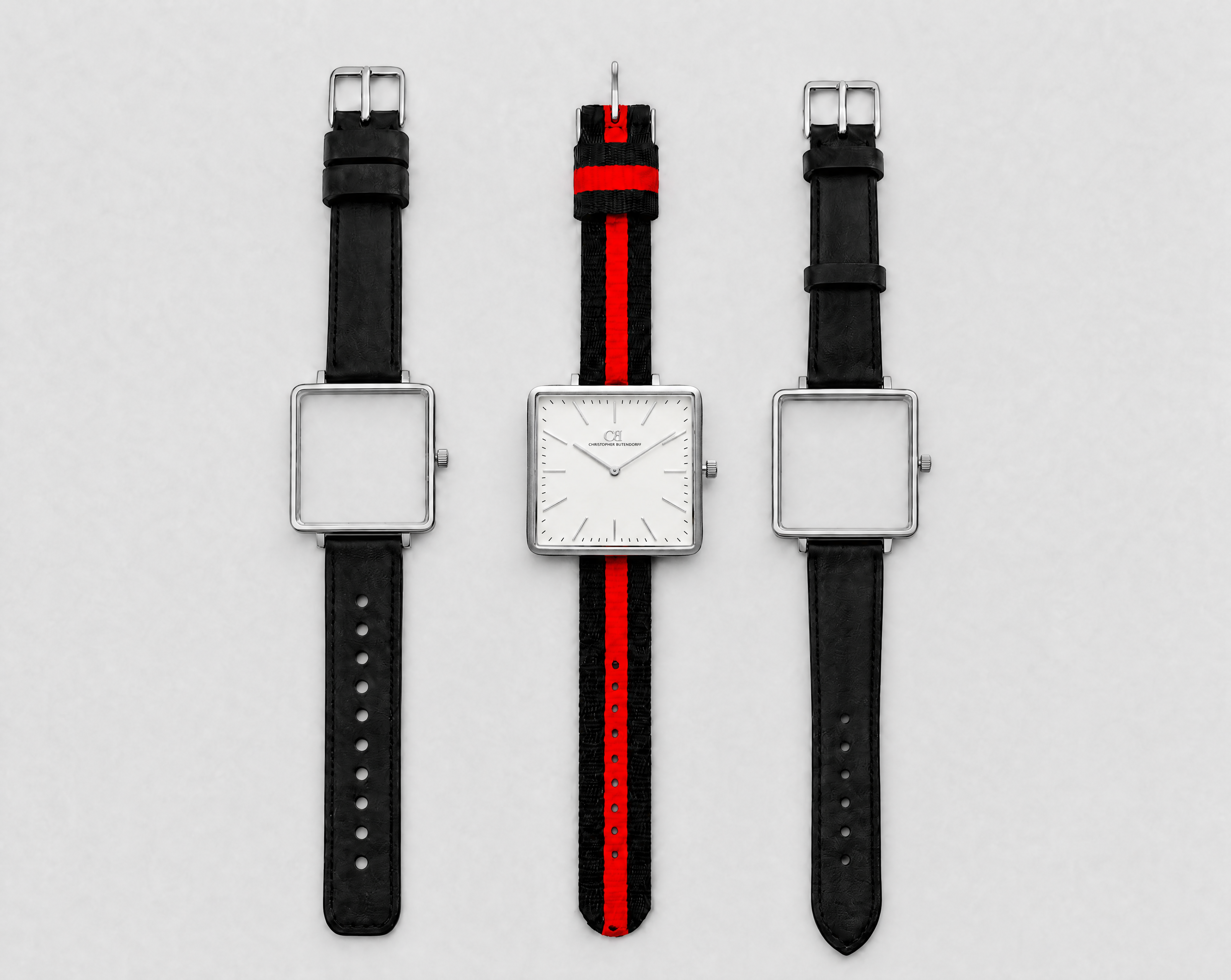Mixtus Swiss Made modular watch — square silver case with white dial, shown with black-red nato strap and black leather strap