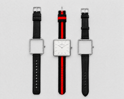 Mixtus Swiss Made modular watch — square silver case with white dial, shown with black-red nato strap and black leather strap
