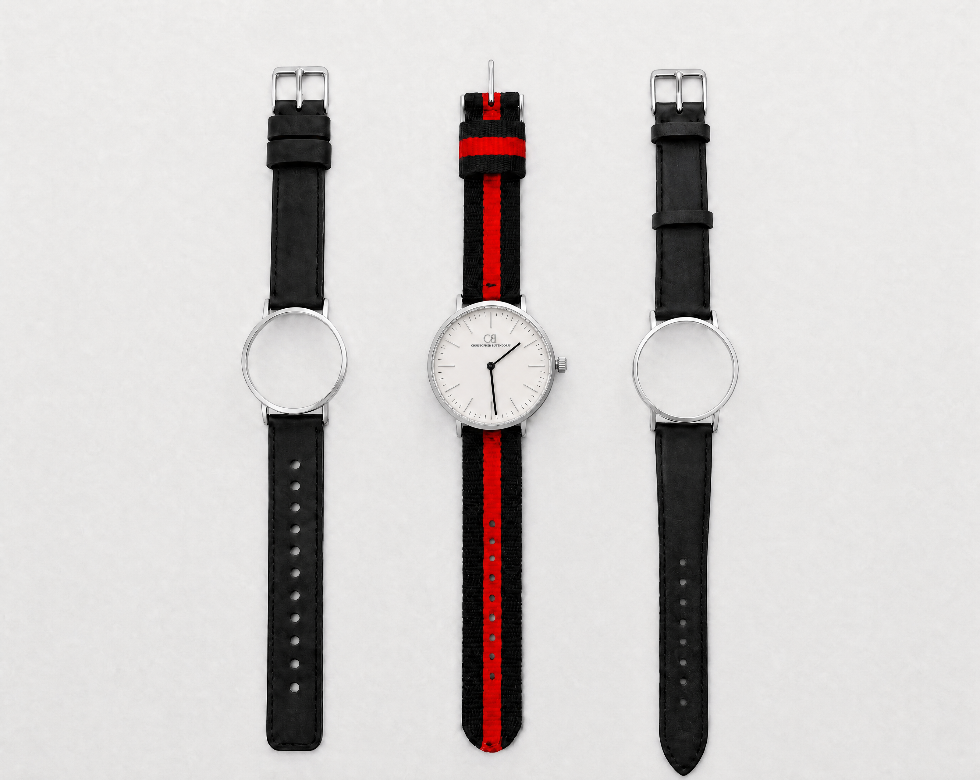 Mixtus Swiss Made modular watch — round silver case with black dial, shown with black-red nato strap and black leather strap