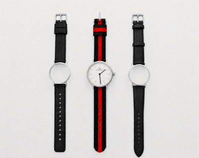 Mixtus Swiss Made modular watch — round silver case with black dial, shown with black-red nato strap and black leather strap