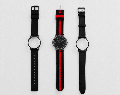 Mixtus Swiss Made modular watch — round black case with black dial, shown with black-red nato strap and black leather strap