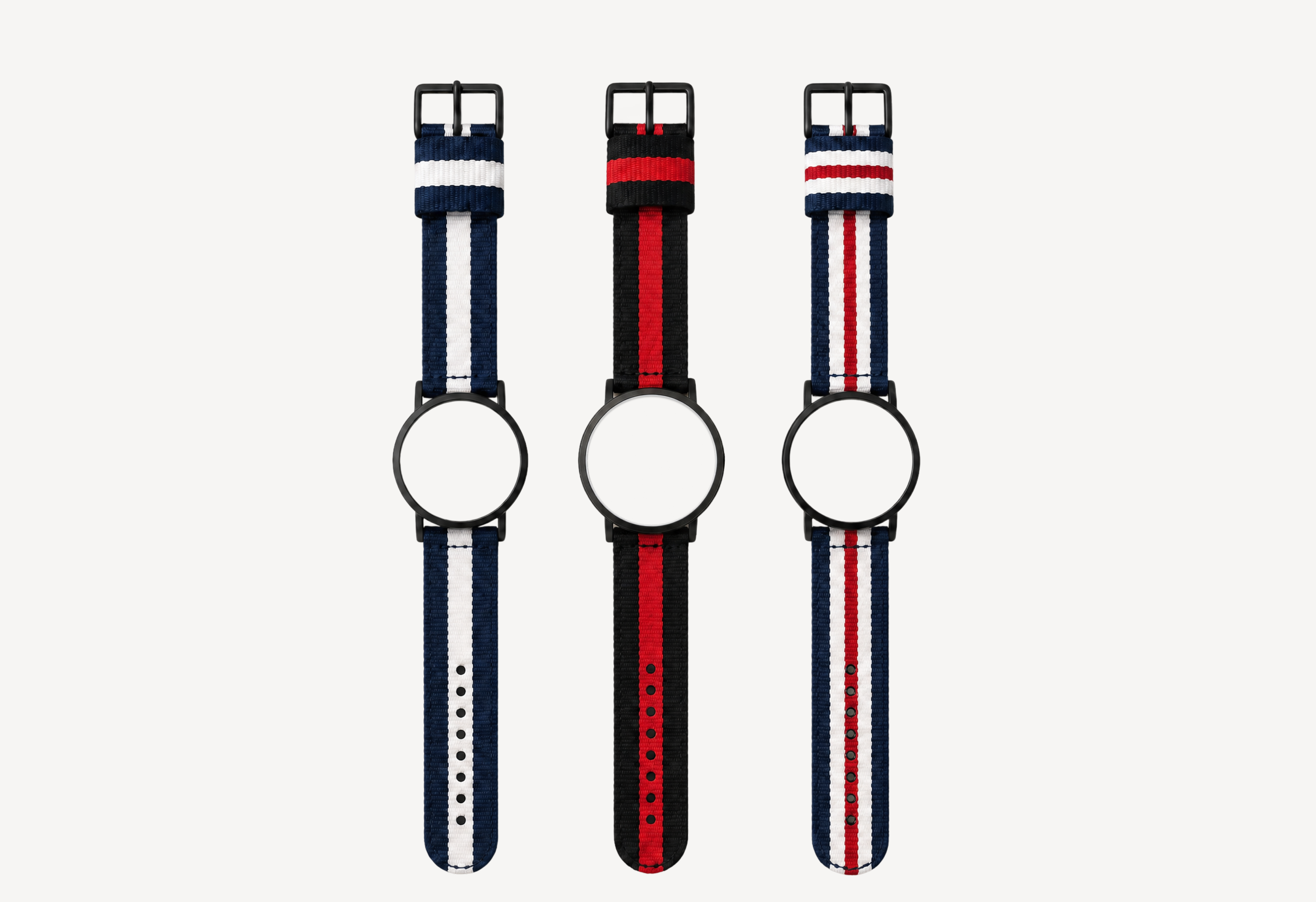 Nato watch straps 20mm for round case — navy-white, black-red and navy-red-white striped options with black hardware for Christopher Butendorff modular watches