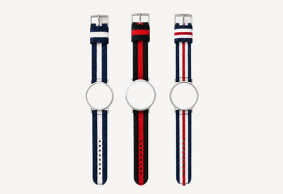 Nato watch straps 20mm for round case — navy-white, black-red and navy-red-white striped options with silver hardware for Christopher Butendorff modular watches
