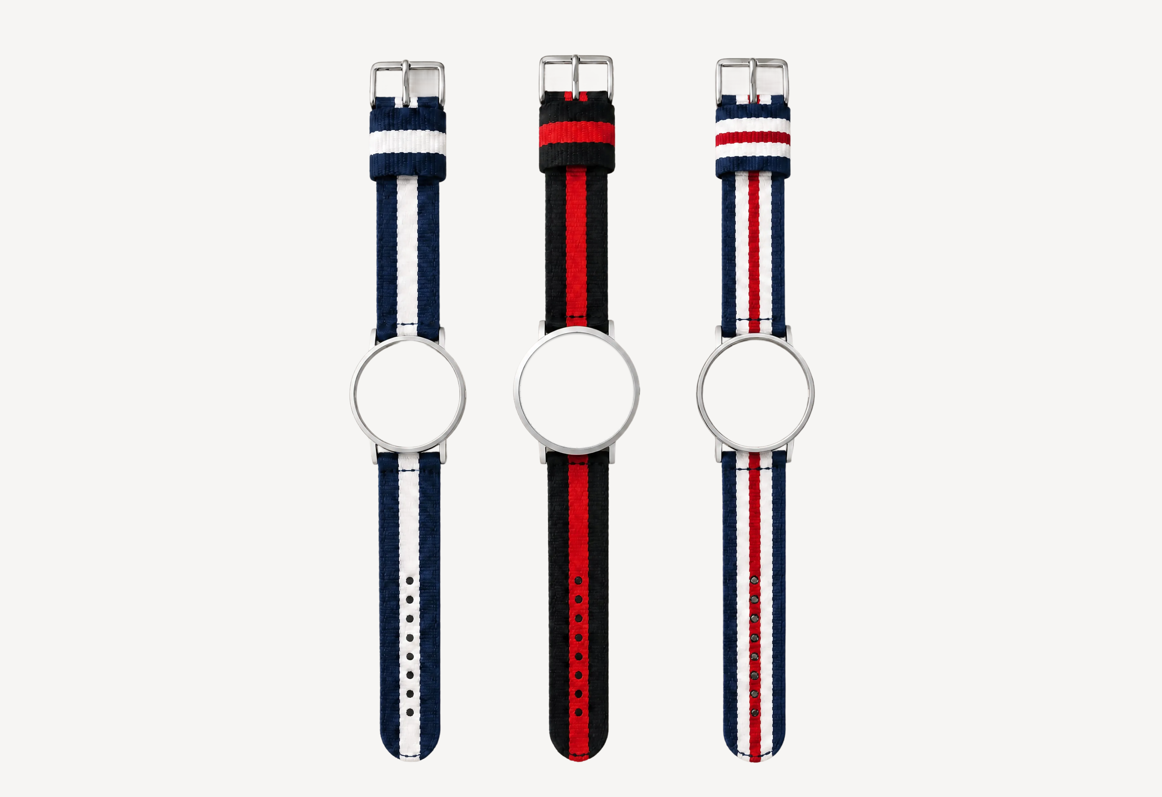 Nato watch straps 20mm for round case — navy-white, black-red and navy-red-white striped options with silver hardware for Christopher Butendorff modular watches