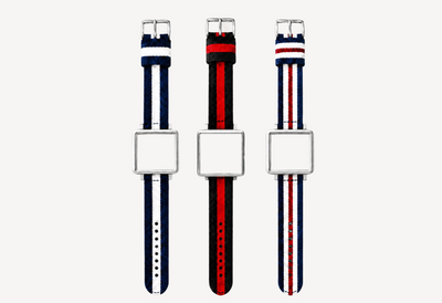 Nato watch straps 20mm for square case — navy-white, black-red and navy-red-white striped options with silver hardware for Christopher Butendorff modular watches