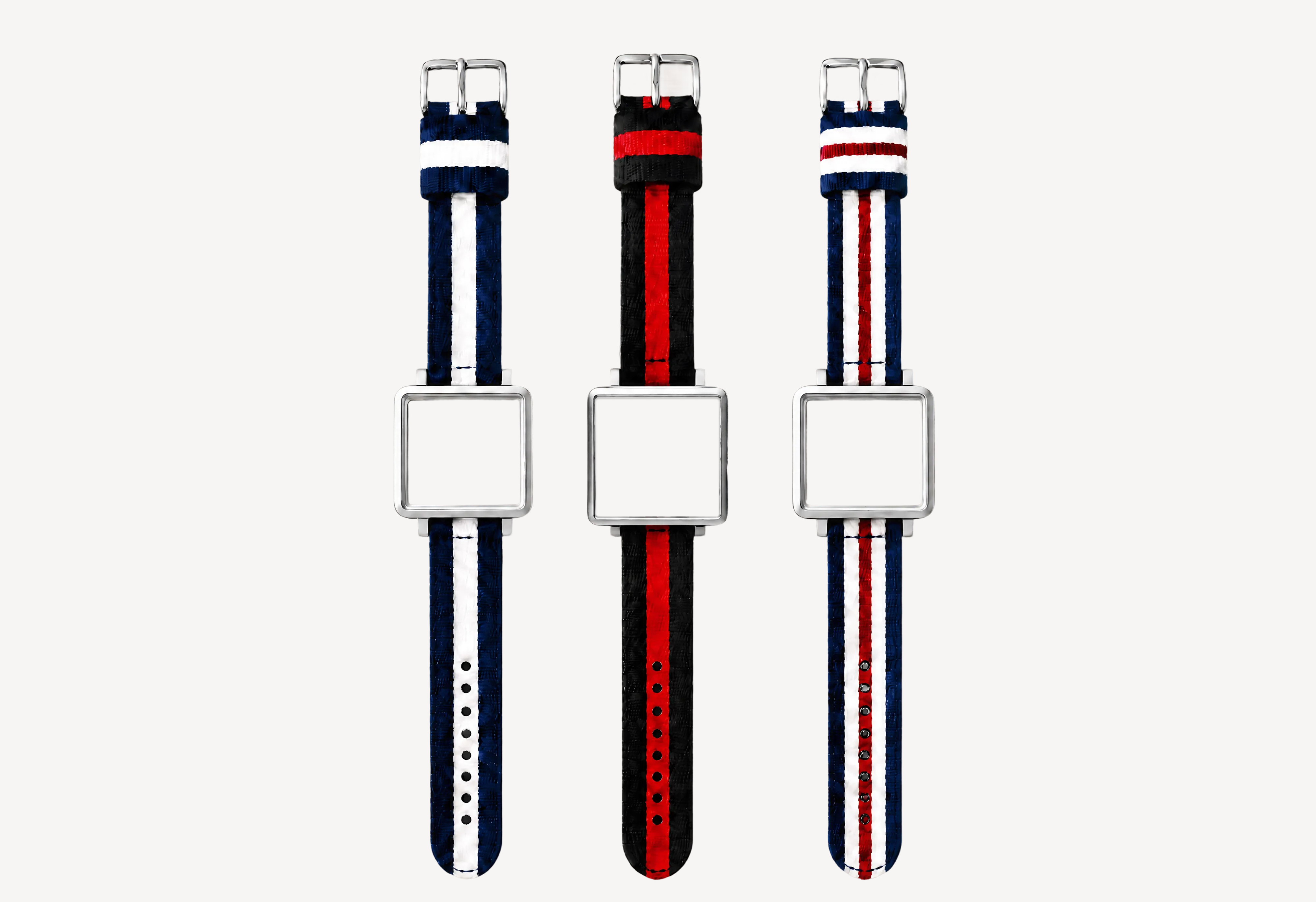 Nato watch straps 20mm for square case — navy-white, black-red and navy-red-white striped options with silver hardware for Christopher Butendorff modular watches
