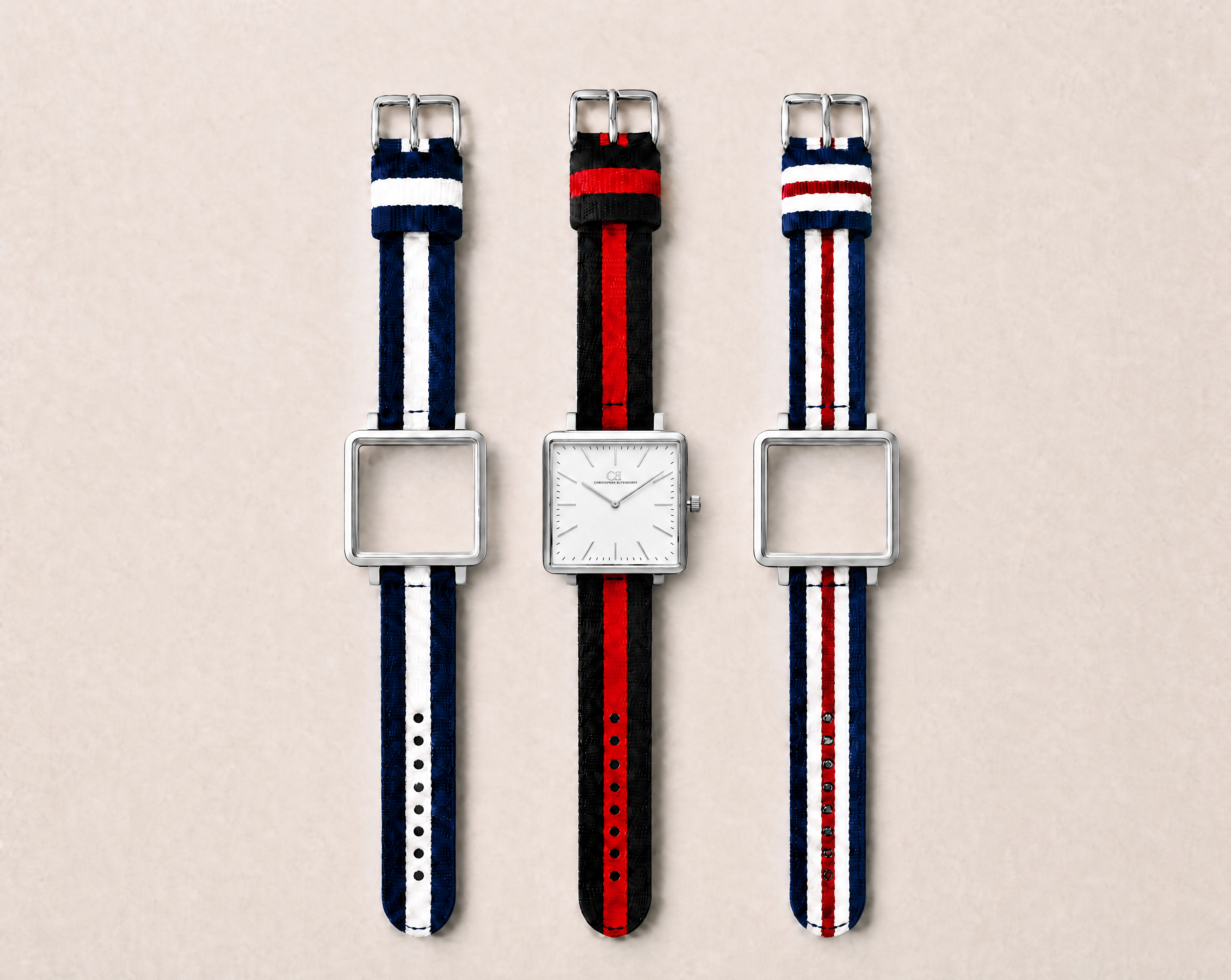 Tela Swiss Made modular watch — square silver case with white dial, shown with three interchangeable nato straps in navy-white, black-red and navy-red-white