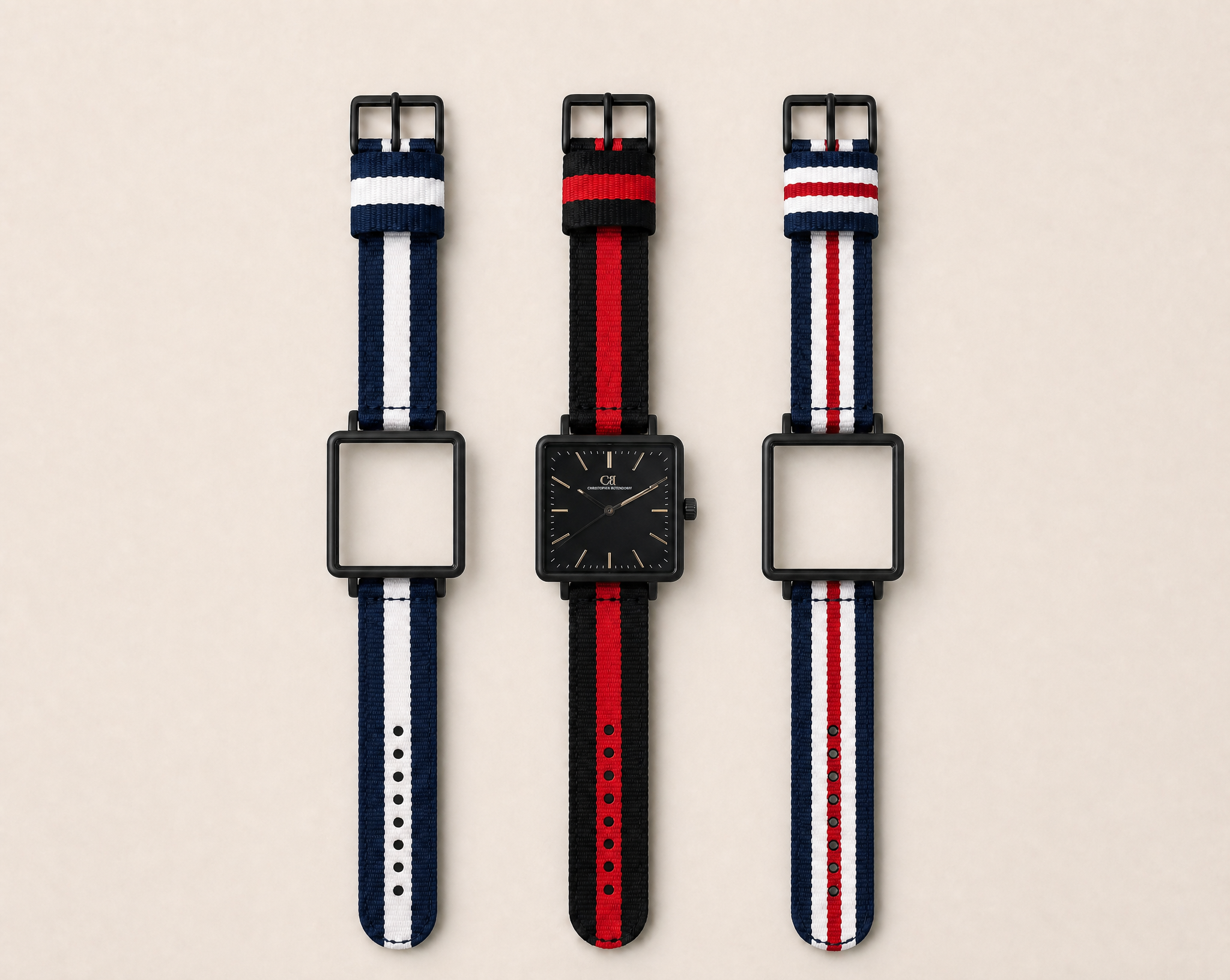Tela Swiss Made modular watch — square black case with black dial, shown with three interchangeable nato straps in navy-white, black-red and navy-red-white