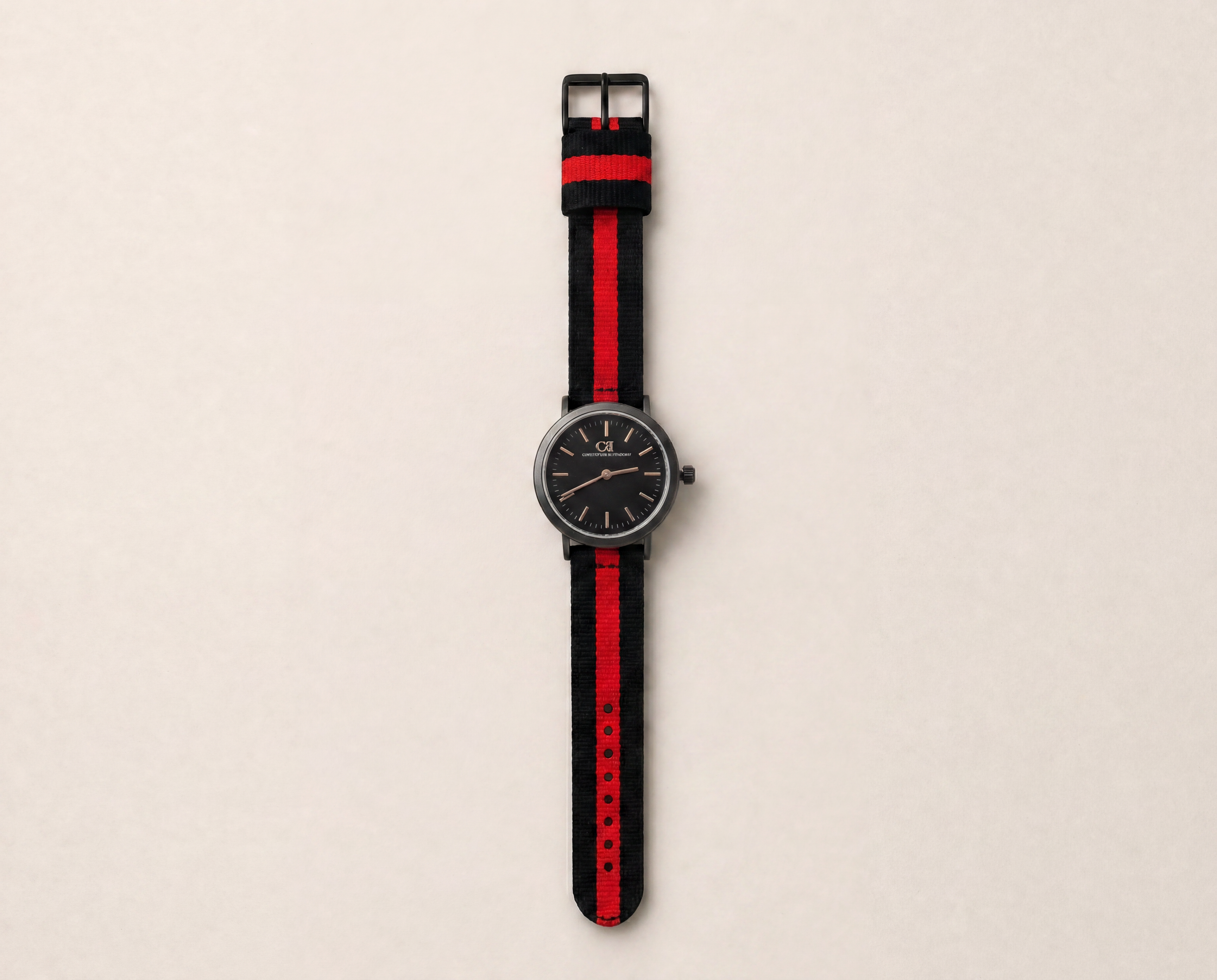Tela Swiss Made modular watch — round black case with black dial and black-red nato strap, close-up product view
