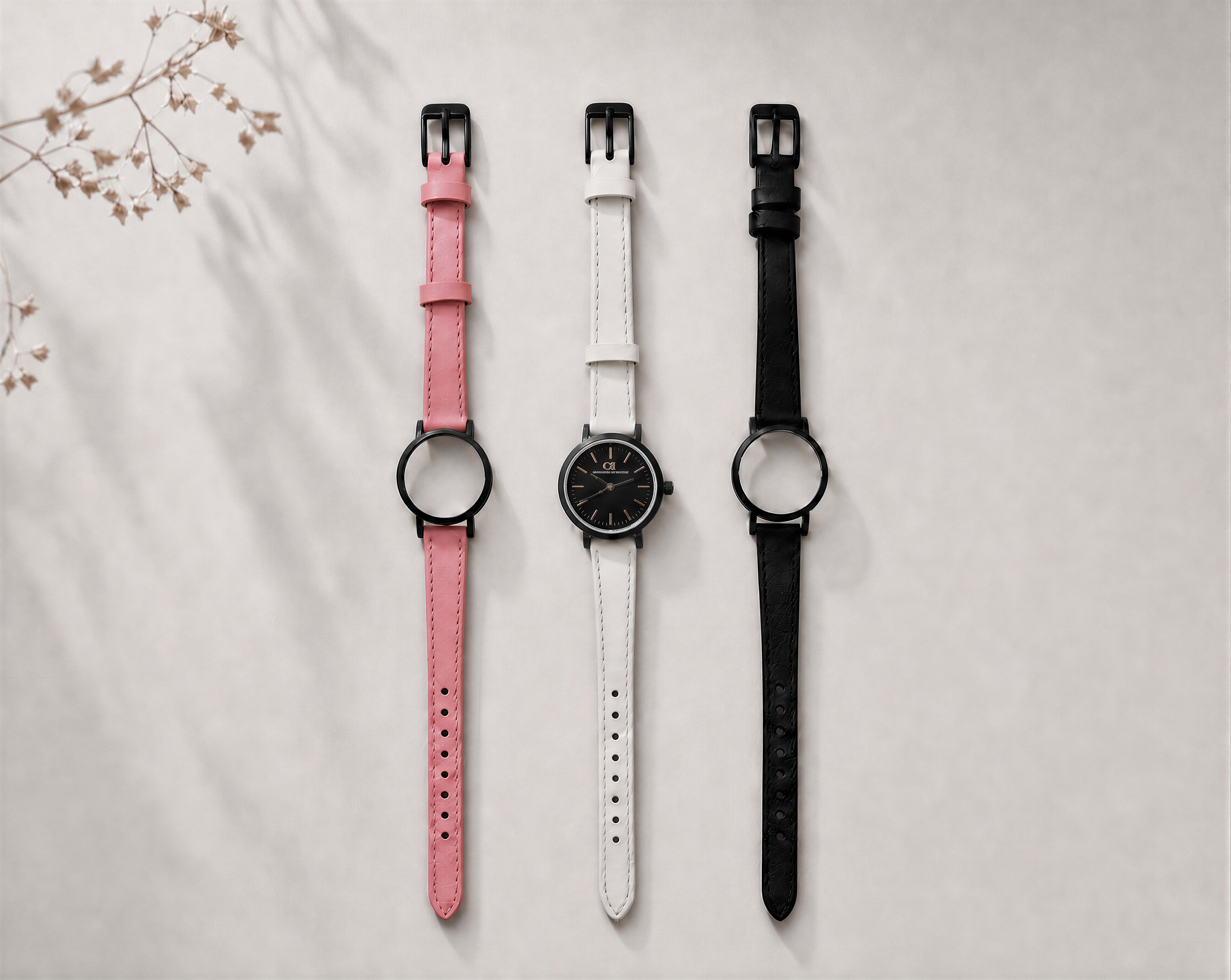 Venustus Swiss Made modular women's watch — round black case with black dial, shown with interchangeable pink, white and black leather straps